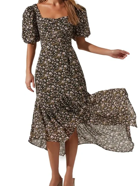 ASTR Floral Puff-Sleeve High-Low Midi Dress in Black and Pink - Picture 1 of 13